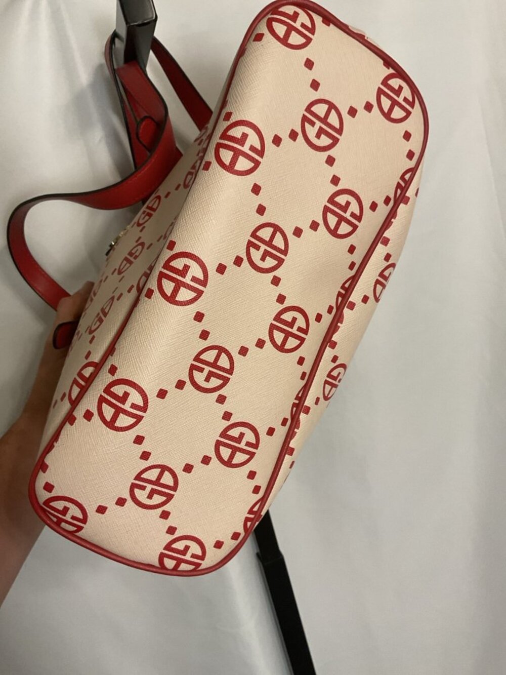 Giani Bernini Red White Monogram Tote Bag Shoulder Purse Zip Pocket Large - Picture 9 of 10